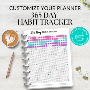 May include: A printable 365-day habit tracker with a colorful grid design. The tracker is designed to be printed at home and includes a "Print at Home" logo with a printer icon.