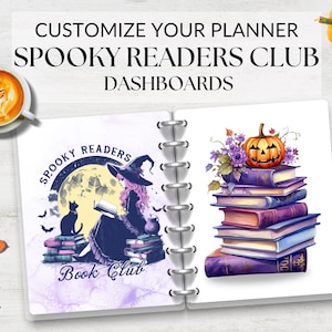 Könnte beinhalten: Zwei Planer-Dashboards mit einem gruseligen Thema. Das linke Dashboard zeigt eine Hexe, die ein Buch liest, mit einer schwarzen Katze und Fledermäusen. Der Text lautet "Spooky Readers Book Club". Das rechte Dashboard zeigt einen Stapel Bücher mit einer Kürbislaterne oben drauf.