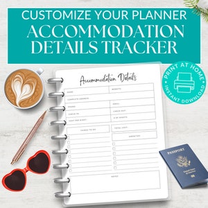 Könnte beinhalten: Druckbare Planerseite für die Nachverfolgung von Unterkunftsdetails mit Abschnitten für Name, Adresse, Telefon, Website, E-Mail, Check-in, Check-out, Kosten pro Nacht, Gesamtkosten, Annehmlichkeiten und Notizen. Die Seite ist zum Ausdrucken zu Hause konzipiert.