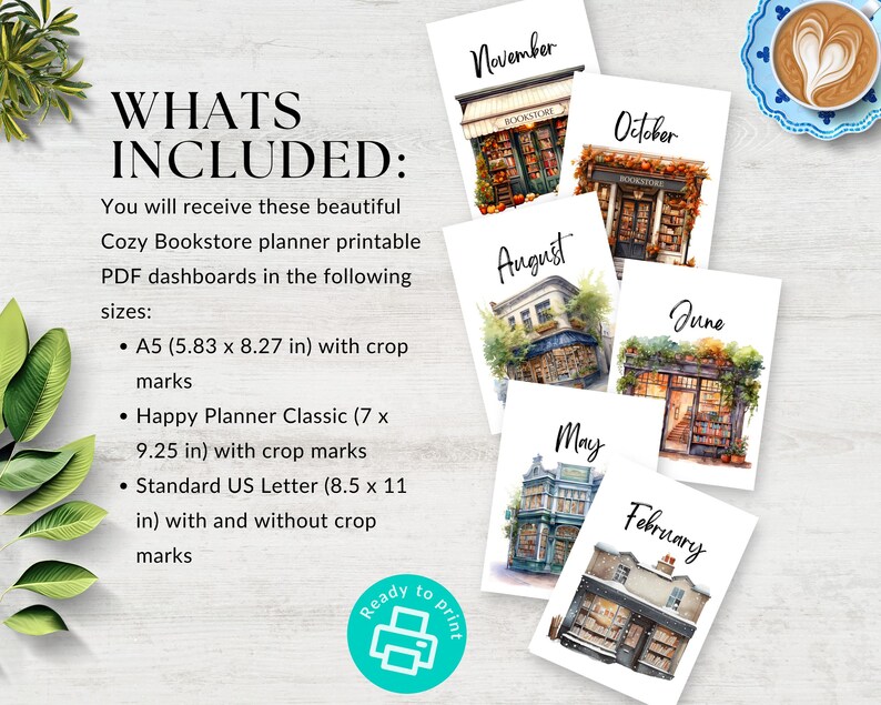 Bookish Monthly Dashboards Printable for Planner Cozy Bookstore ...