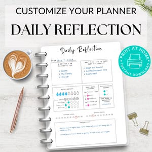 Puede incluir: Una página de planificador de reflexión diaria imprimible con secciones para la gratitud, el cuidado personal, la ingesta de agua, el estado de ánimo y la reflexión. La página está diseñada para su uso en un planificador o diario personal.