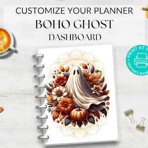 Peut inclure: Tableau de bord d'organisateur imprimable avec un fantôme blanc sur fond de mandala et des feuilles d'automne dans des tons d'orange, jaune et marron. Le texte "BOHO GHOST DASHBOARD" est en haut de la page.