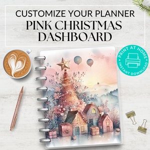 May include: Printable planner dashboard featuring a watercolor illustration of a pink Christmas village with a large tree, houses, and presents. The text "PRINT AT HOME INSTANT DOWNLOAD" is in a teal circle.