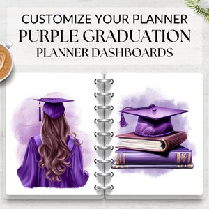 May include: Purple graduation planner dashboards with a watercolor background. One dashboard features a graduate in a purple cap and gown, the other features a purple graduation cap on top of a stack of books.