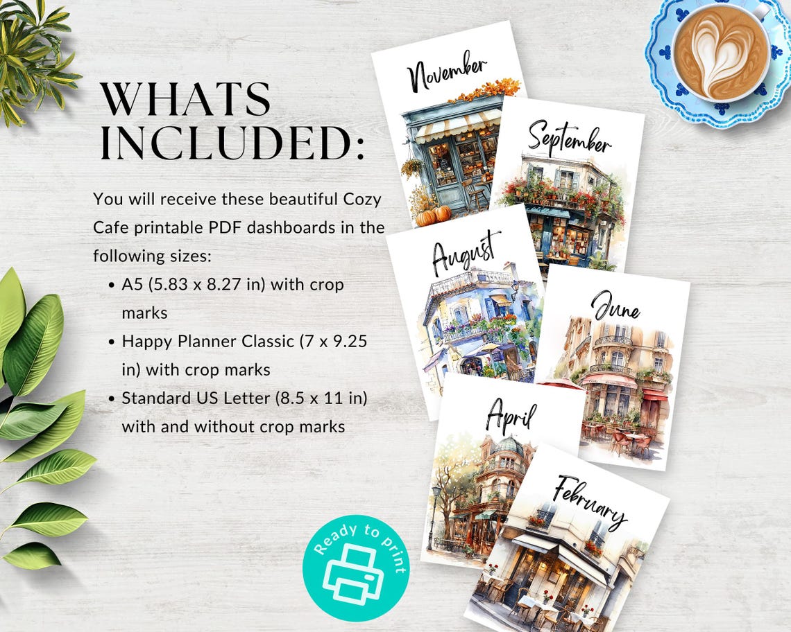 Cozy Cafe Dashboards Printable for Planner, Cozy Watercolor, Monthly ...