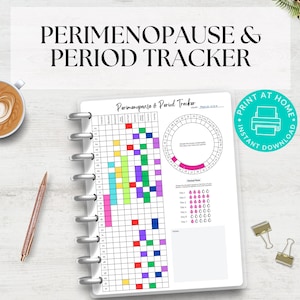 May include: Printable perimenopause and period tracker with a colorful grid, a circle chart, and a section for tracking symptoms. The tracker is designed for use with a disc bound planner.