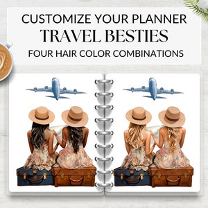 May include: Two women with different hair colors are sitting on suitcases with their backs to the viewer. They are wearing floral dresses and straw hats. They are looking at a map. An airplane is flying overhead. The text "Customize Your Planner Travel Besties Four Hair Color Combinations" is at the top of the image.