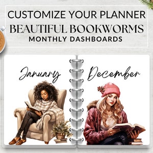 Divisori mensili stampabili per planner Beautiful Bookworms, dashboard mensili, copertine mensili, inserti per pagine di copertina, download immediato PDF A5