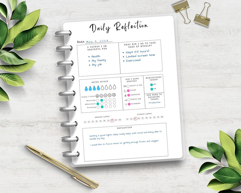 Printable Daily Reflection Journal Page, Gratitude Journal, Planner Page PDF, Wellness Journal Page, Mental Health Journal, Daily Journal, Instant Download, Journal Template