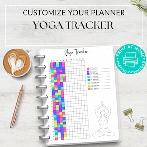 Op de afbeelding: Een printbare yogatracker met een kleurrijk raster om de dagelijkse praktijk bij te houden. De tracker bevat een sectie om de duur van elke sessie vast te leggen, met opties van 10 tot 60 minuten. De pagina bevat ook een eenvoudige lijntekening van een persoon in een yogapose.