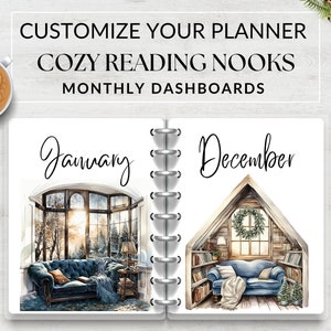 Dashboard mensili Cozy Reading Nooks, stampabili per planner, divisori mensili, copertine mensili, inserti per pagine di copertina, download immediato PDF A5