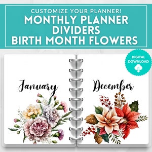 Monthly Dashboards, Printable for Planner with Birth Month Flowers, Monthly Dividers, Monthly Covers, Cover Page Inserts A5 Instant Download