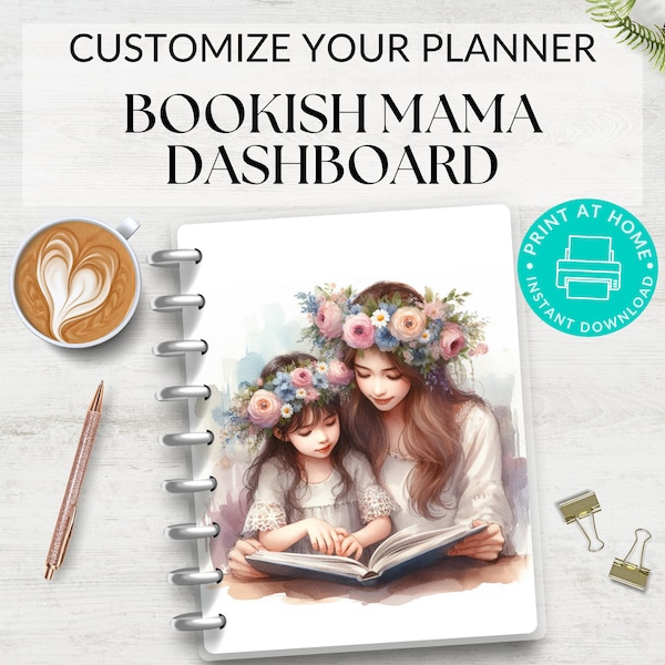 Bookish Mama Mothers Day Printable Planner Dashboard, Journal Spread, A5 Printable Page, Bookworm Monthly Divider, Monthly Cover Page PDF