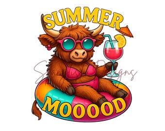 Sommer Mooood Highland Kuh PNG - Lustiges Kuh Sublimationsdesign, Pool Float Tier Clipart, Sommer Kuh Shirt Design, Bauernhof Tier Strand Kunst