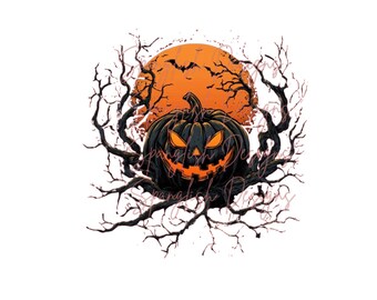 Halloween Jack-O-Lantern Moon Spooky Men's Masculine T-Shirt Design PNG Transparent Background Digital Download For Sublimation DTF Screens