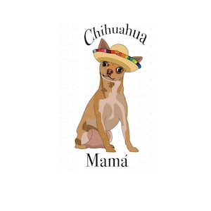 Op de afbeelding: Een bruine en witte Chihuahua met een strooien sombrero met kleurrijke versiering. De hond zit en kijkt naar de zijkant. De tekst "Chihuahua" staat boven de hond en de tekst "Mamá" onder de hond.