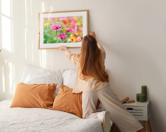 Framed Photography Prints, Cute Boho Art, Colorful Zinnia Flowers