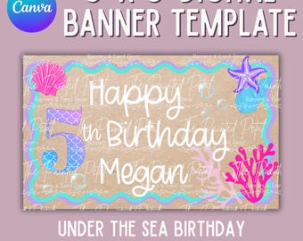 Plantilla de banner digital de cumpleaños bajo el mar, diseño de banner oceánico personalizado, plantilla de banner de cumpleaños oceánico, plantilla de banner pintado personalizado
