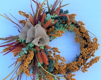 Fall Door Wreath with Orange Berries, Eucalyptus, Fall Leaves and Greenery with Orange Wheat Accents and a Natural Burlap Ribbon