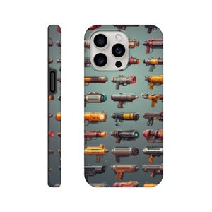 May include: A phone case with a blue background and a pattern of various futuristic weapons in orange, yellow, and black.