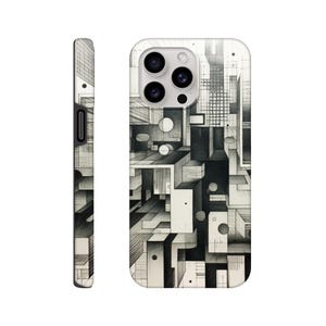May include: Black and white geometric design phone case with a camera cutout. The design features a series of overlapping squares and rectangles.