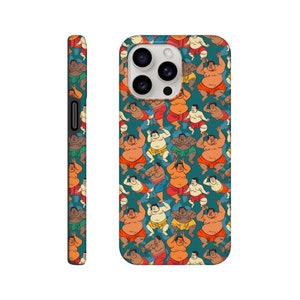 May include: A teal blue phone case with a repeating pattern of cartoon sumo wrestlers in various poses. The wrestlers are wearing colorful loincloths and have different skin tones. The phone case has a cutout for the camera lens.