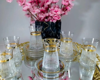 Handgemachtes türkisches Teeset, Teetassen und Untertassen, Goldvergoldetes Teeset 12-teilig, Geschenk für sie, Vatertag, türkische Teetassen und Untertassen