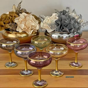 Colored Margarita Cocktail Glasses, Gold Rimmed Vintage Coupe Glasess, Martini Glass, barware, glassware set, wedding party, Housewarming