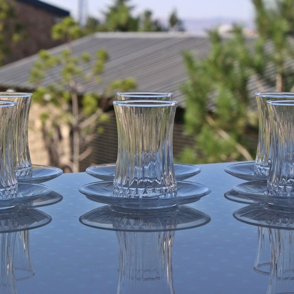 Handmade Turkish Tea Cup, Turkish 12 pcs tea glass set, Clear Mug, Gift for Her, Stemless Tea Glass 6 Glass 6 Saucer