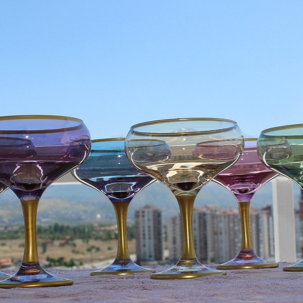 Colored Margarita Cocktail Glasses, Gold Rimmed Vintage Coupe Glasess, Martini Glass, barware, glassware set, wedding party, bridesmaid gift