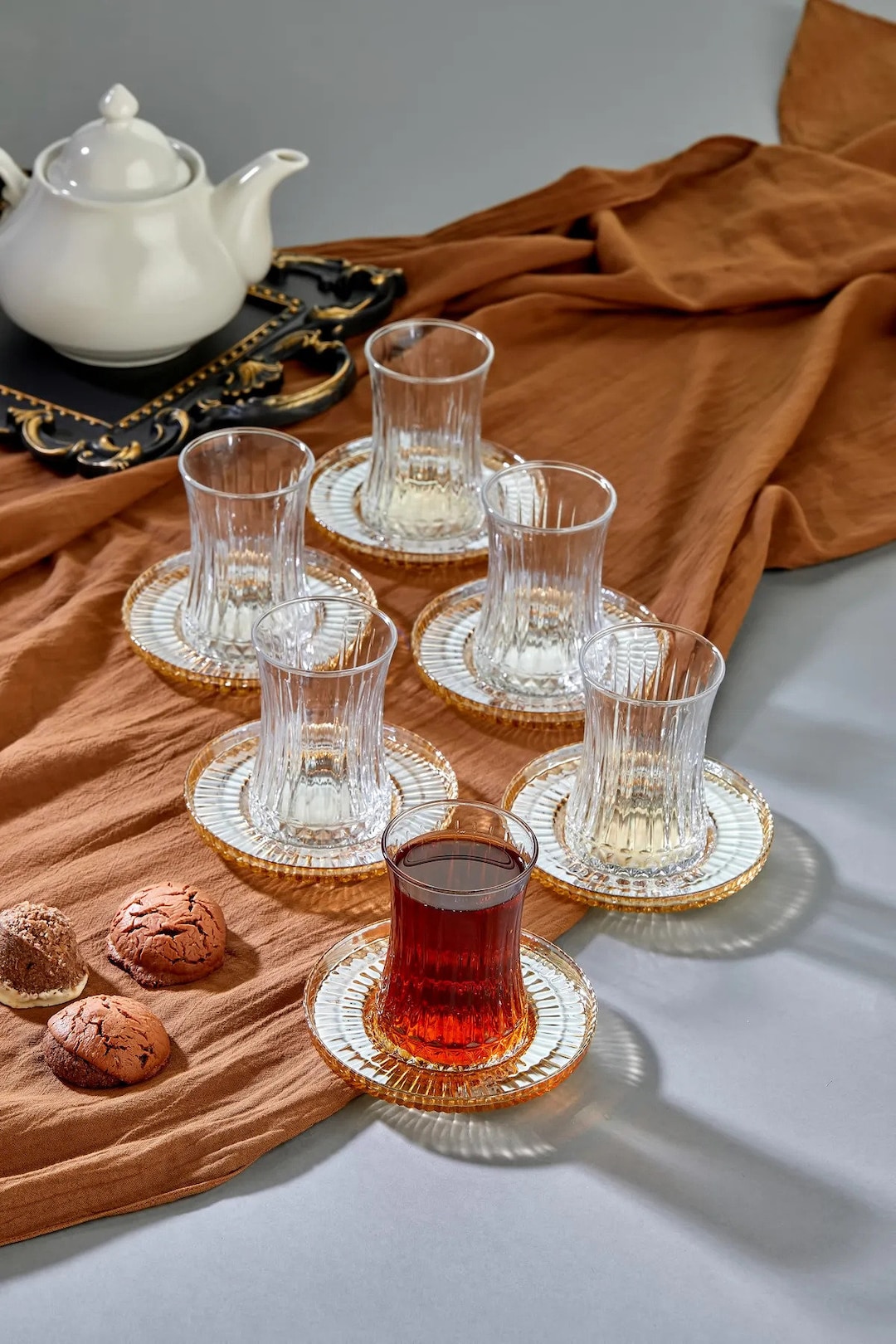 24 Pc Turkish Tea Glasses Set with Holder Handles Saucers Spoons Glass Cups  