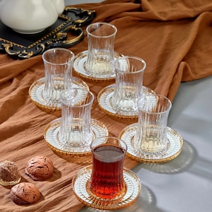 Handmade Turkish Tea Set, Turkish Tea Cups and Saucers, Tea Glasses and Saucers Set of 12 pcs Stemless Tea Glass