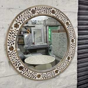 Bone Inlay Round Wall Mirror | Handcrafted Inlay Wall Art with Glass | Vanity Mirror for Home & Office | Boho Home Décor Bone Inlay Frame