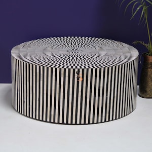 Wooden Round Coffee Table | Handcrafted Stripe Design Bone Inlaid Cocktail Table | Mango Wood Ethnic Bone Inlaid Living Room Coffee Table