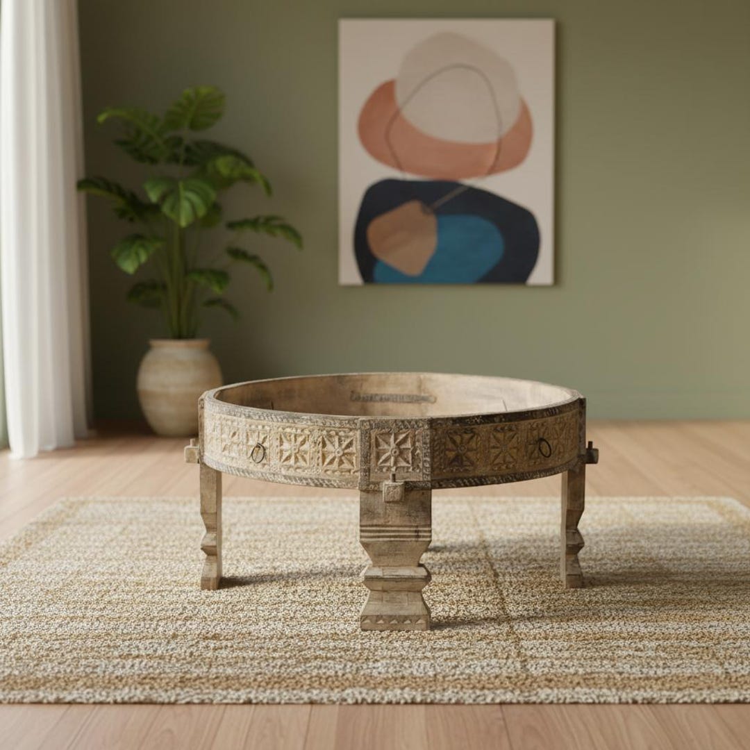 Handcrafted Indian Chakki Coffee Table | Rajasthani Wooden Accent