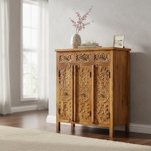 Mango Holz geschnitzter Akzent Schrank, indische Handwerkskommode