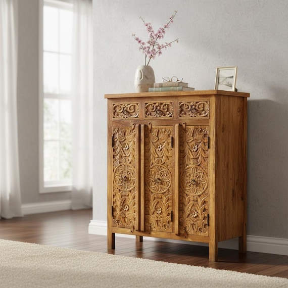 mango wood dresser 3-drawer Dresser  Solid Mango Wood in Chestnut Finish | US Stock