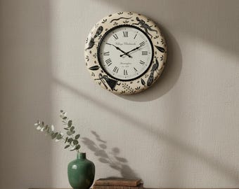 Bemalte Mangoholz Wanduhr, indische ethnische Kunst, analoge Uhr