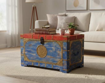 Indian Accent Trunk, Distressed Blue, Brass Detail, Storage Chest