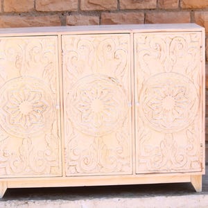 Wooden Carving Art Sideboard | Crafted Mango Wood Storage Cabinet | Solid Wood White Distress Sideboard for Home Décor and Corner Storage