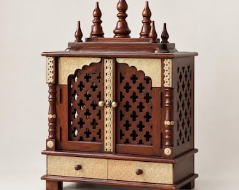 Mango Wood Pooja Temple, Solid Wood Indian Mandir With Brass Details, Traditional Indian Mandapam Devghar Shrine decoretivet wood alter