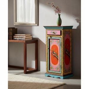 Peacock Painted Tall Cabinet, Boho Indian Mango Wood Dresser image 3