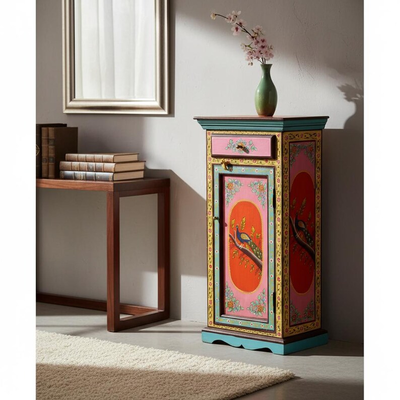 Peacock Painted Tall Cabinet, Boho Indian Mango Wood Dresser image 3