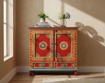Handcrafted Painted Mandala Bedside Cabinet, Boho Chic Nightstand