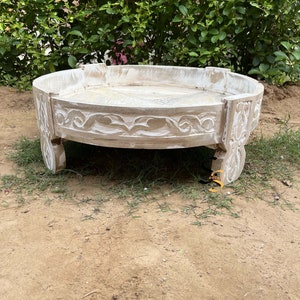 Wooden Beautiful Indian Chakki Table | Mango Wood Round Coffee Table | Solid Wood Round Cocktail Table | Home Décor Sofa Side Accent Table
