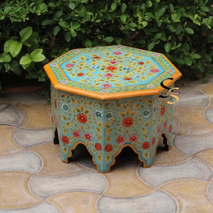 Handcrafted Mango Wood Coffee Table: Hexagonal Indian Art Centerpiece