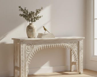 Mango Wood Carved Console Table, White Distressed Boho Chic Bench