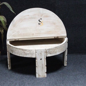Villagers Art Carving Chakki Table | Handcrafted Mango Wood Round Chakki Table with Storage | Indian Round Wooden Coffee Table with Lids