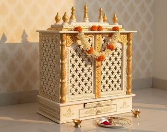 Handcrafted Mango Wood Wall Temple, Golden-White Hindu Pooja Mandir