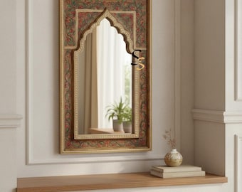 Espejo de madera de mango pintado con motivos florales indios, decoración bohemia.